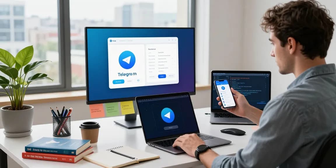 Explore Telegram Download on multiple devices in a vibrant tech workspace.