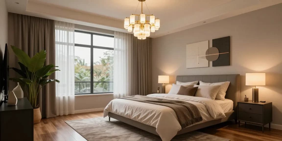 Candelabru dormitor modern cu iluminat cald și atmosferă elegantă.