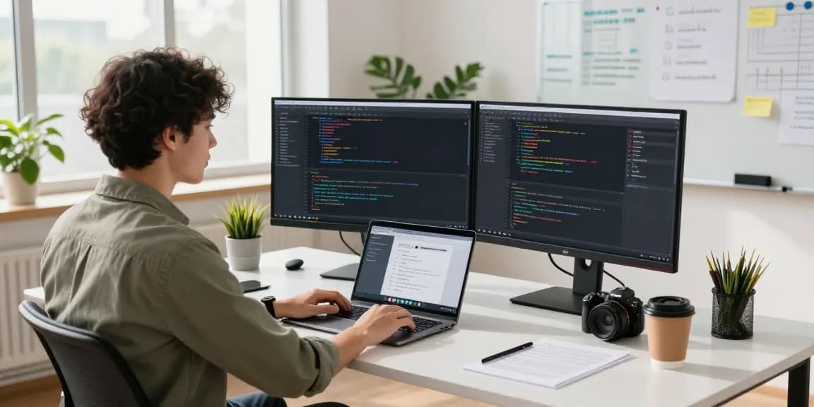 快连 technology workspace with developer coding on dual monitors and application design in a bright office