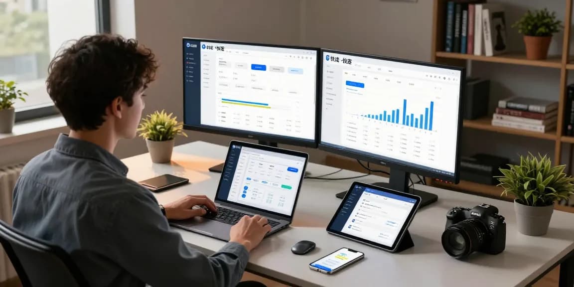 Professional workspace showcasing 快连 application on dual monitors, enhancing productivity and connectivity.