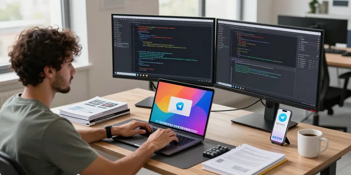 Developer using Telegram下载 on laptop in a modern office setting