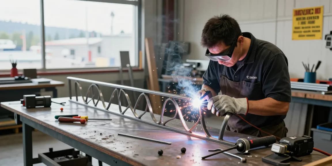 Expert craftsman creating custom metalwork in Vancouver's workshop, showcasing precision and innovation in metal fabrication.