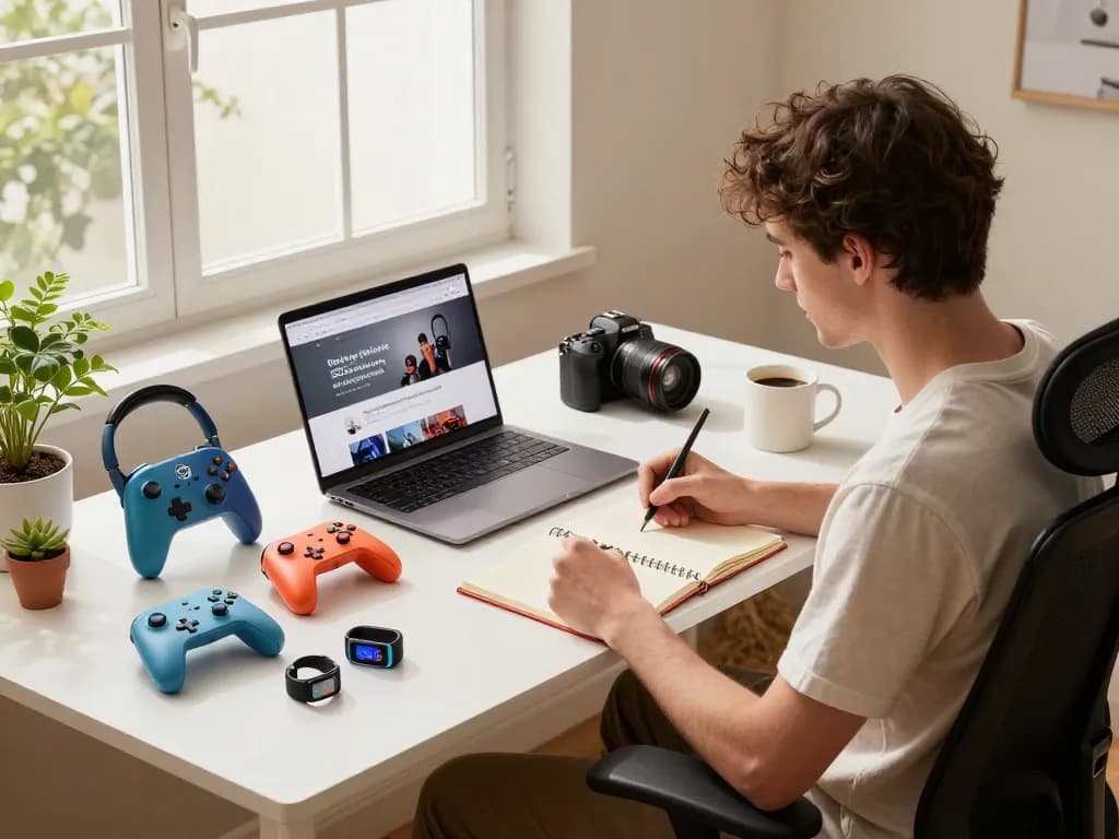 Engaged professional testing affordable tech gadgets in a modern workspace.