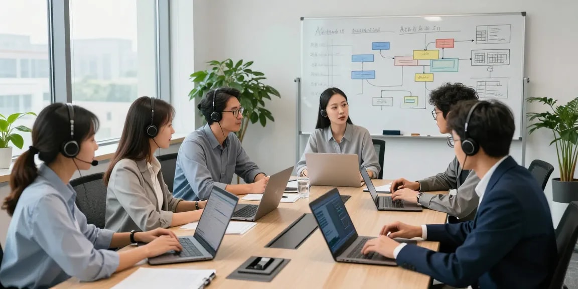 IT support for business team collaborating in a modern office environment with laptops and analytics.