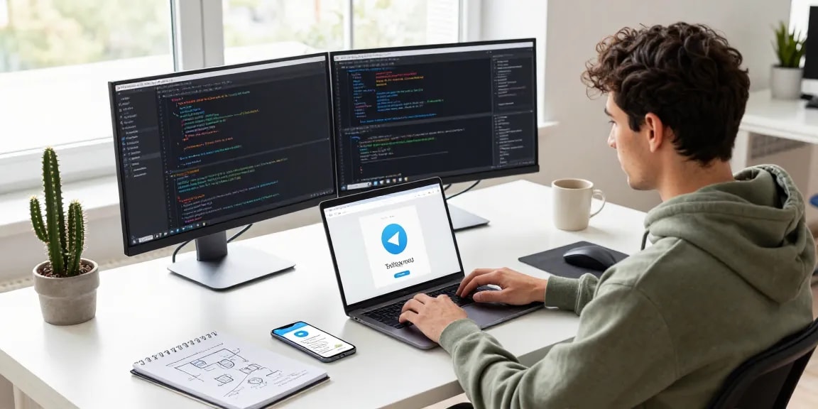 Efficient workspace with a developer using Telegram download on multiple devices in a modern office setting.