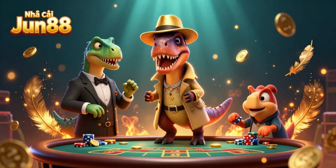 Engage with Nhà cái Jun88 through a dynamic casino scene featuring a velociraptor at blackjack, a skeptical pit boss, and fun elements.
