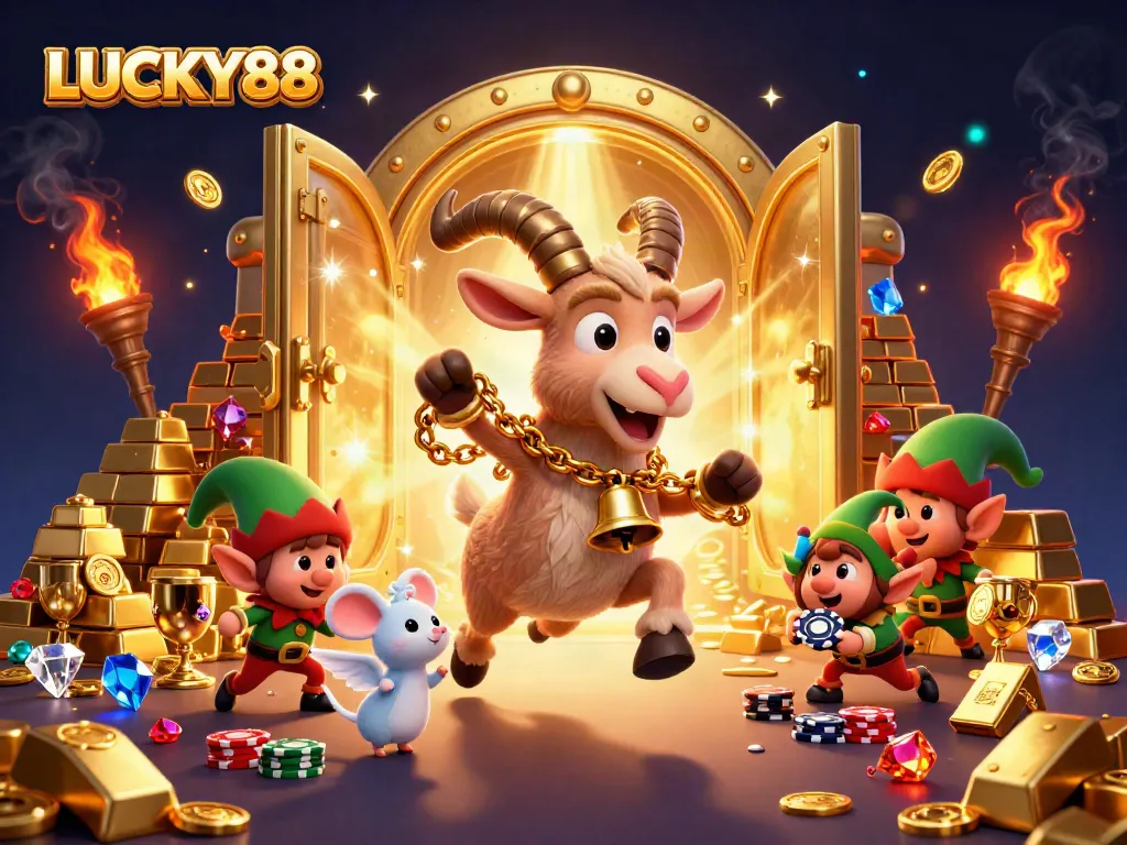 LUCKY88 slot casino illustration featuring Krampus goat and mischievous gremlins in a vibrant scene.