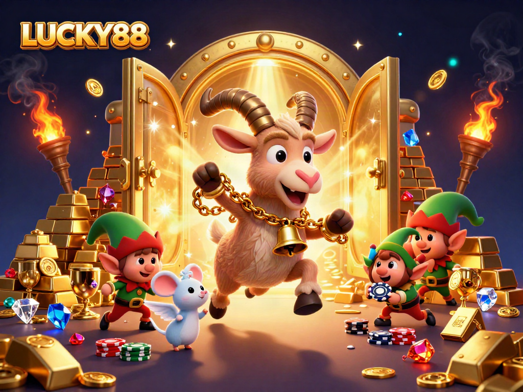 LUCKY88 slot casino illustration featuring Krampus goat and mischievous gremlins in a vibrant scene.