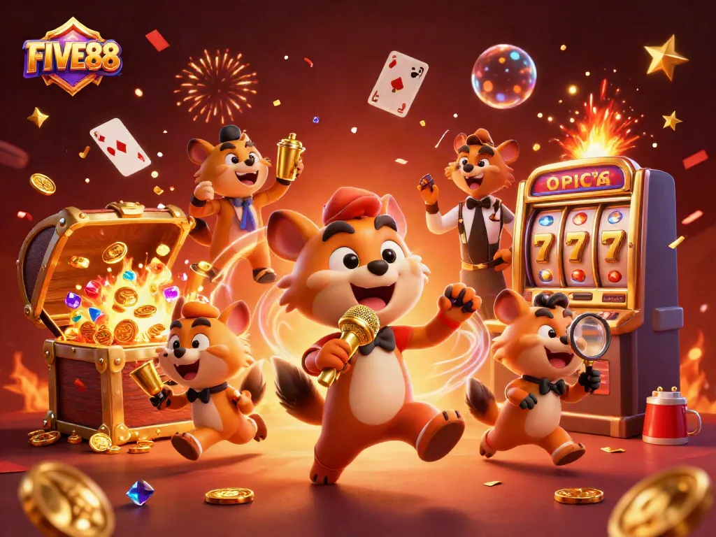 Watch FIVE88 hyenas entertain in a bustling comedy casino scene filled with vibrant games and excitement.