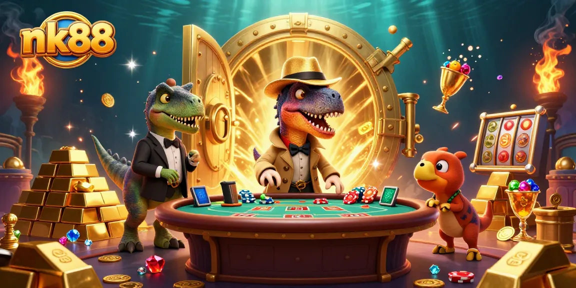 Experience nk88's thrilling blackjack action as a cunning velociraptor and stegosaurus pit boss dive into the game.