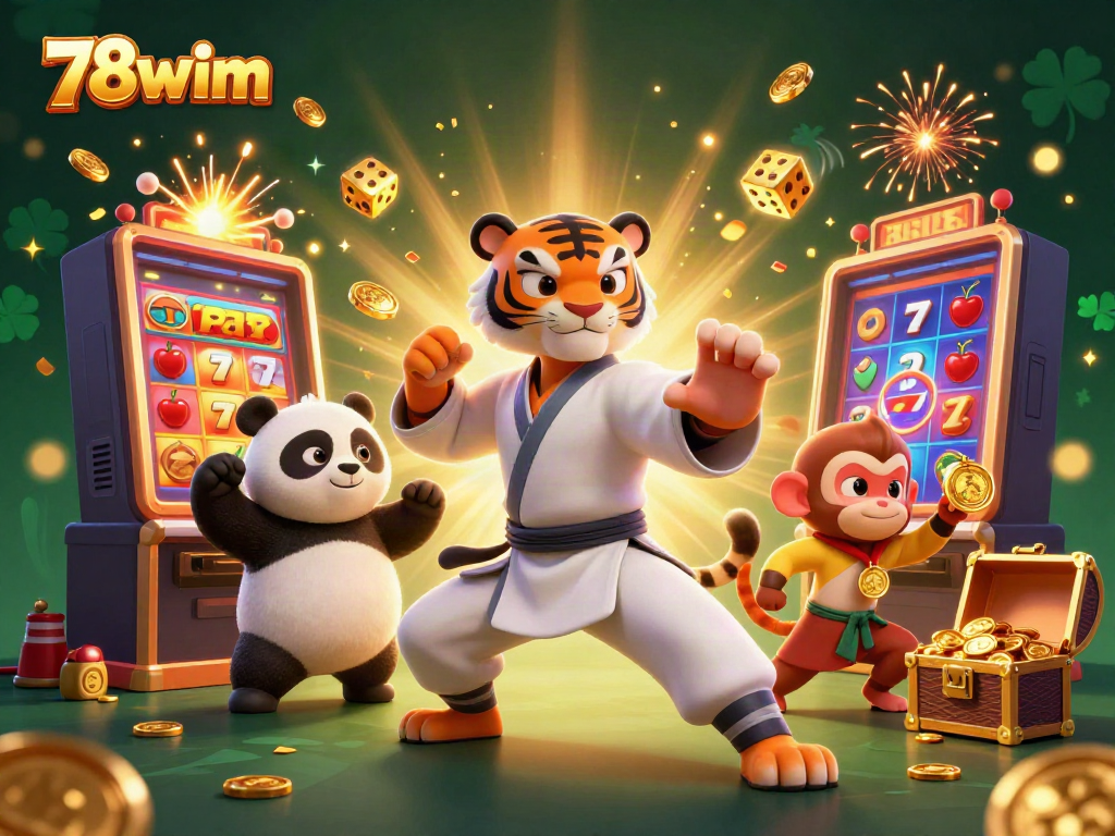 Experience dynamic gameplay at 78wim with a kung fu tiger, panda, and monkey amidst casino treasures.