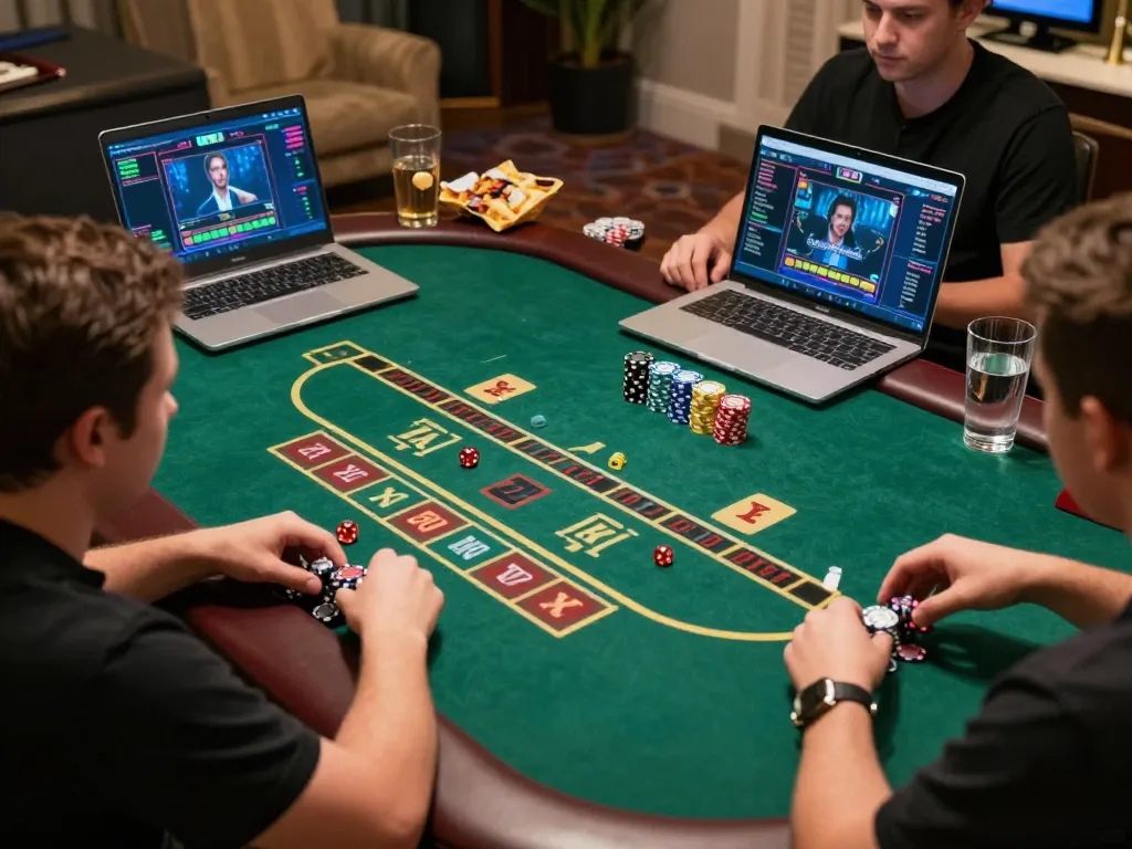 Tài Xỉu players analyzing bets during a thrilling online gaming session in a modern setup.