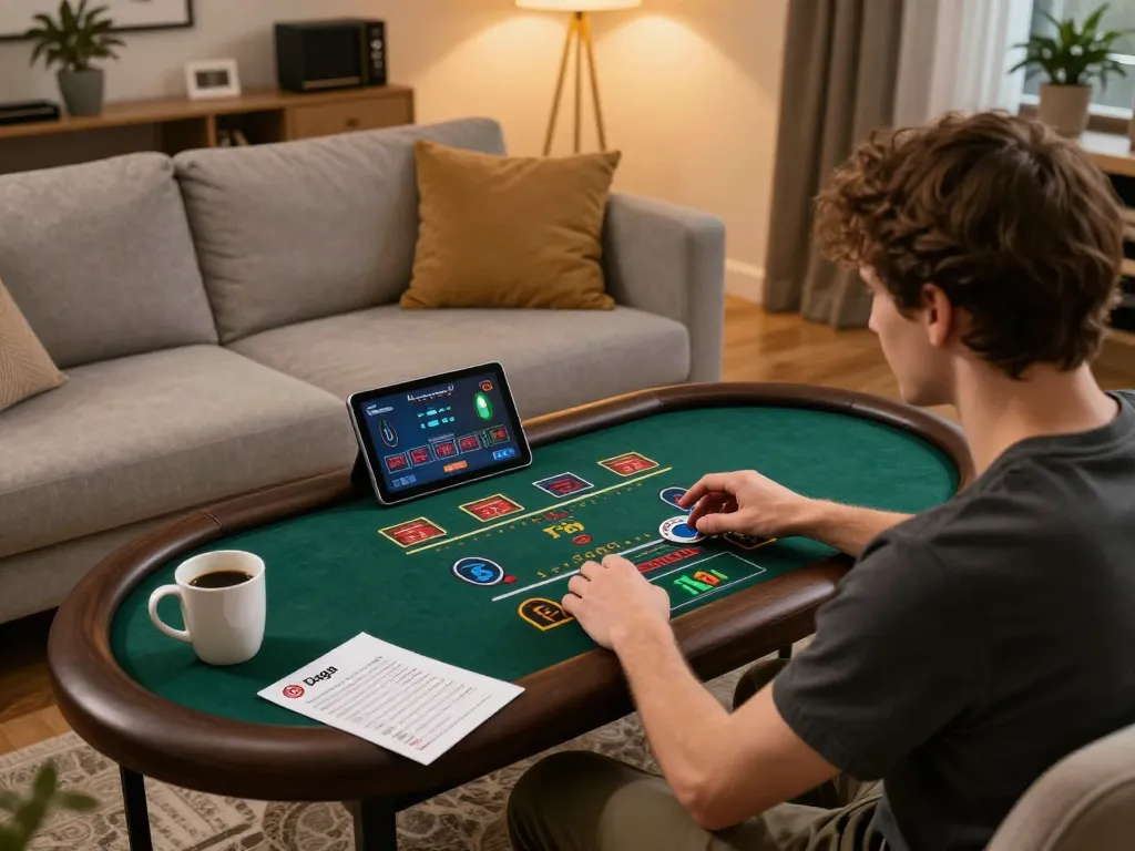 Daga player engaging in a live dealer game on a tablet in a cozy home setting