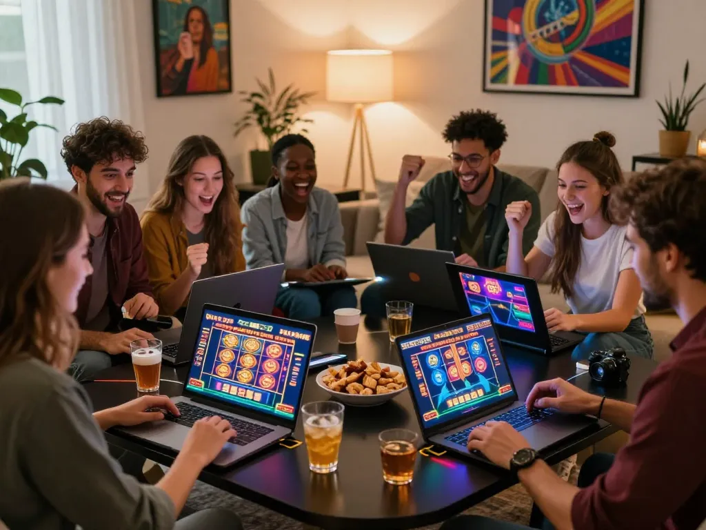 Friends enjoying a lively online casino session with MM88 games on laptops, showcasing a vibrant gaming atmosphere.