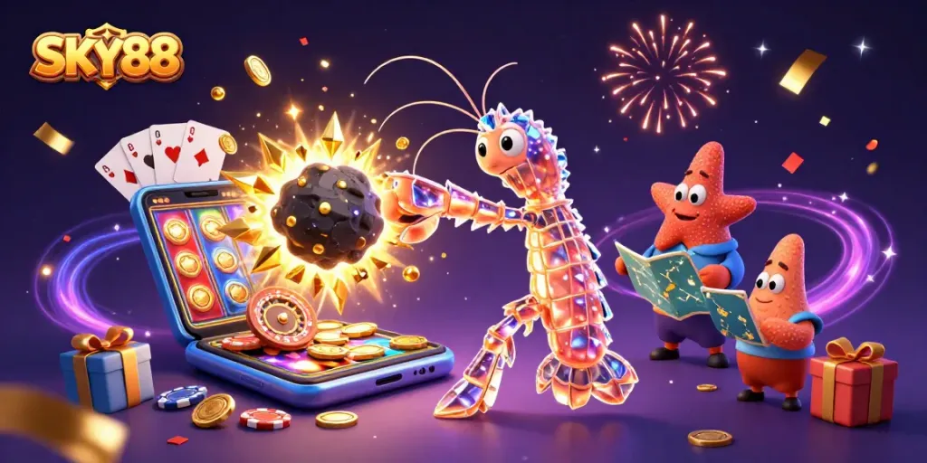 Experience exciting gameplay with SKY88 in a vibrant 3D casino illustration featuring a galactic theme.
