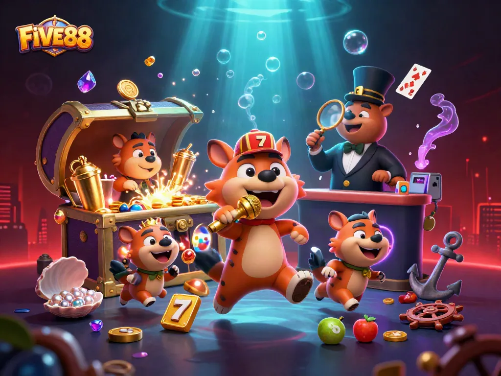 Experience the excitement of FIVE88 as hyenas entertain in a colorful comedy casino club.