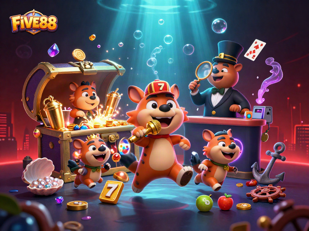 Experience the excitement of FIVE88 as hyenas entertain in a colorful comedy casino club.
