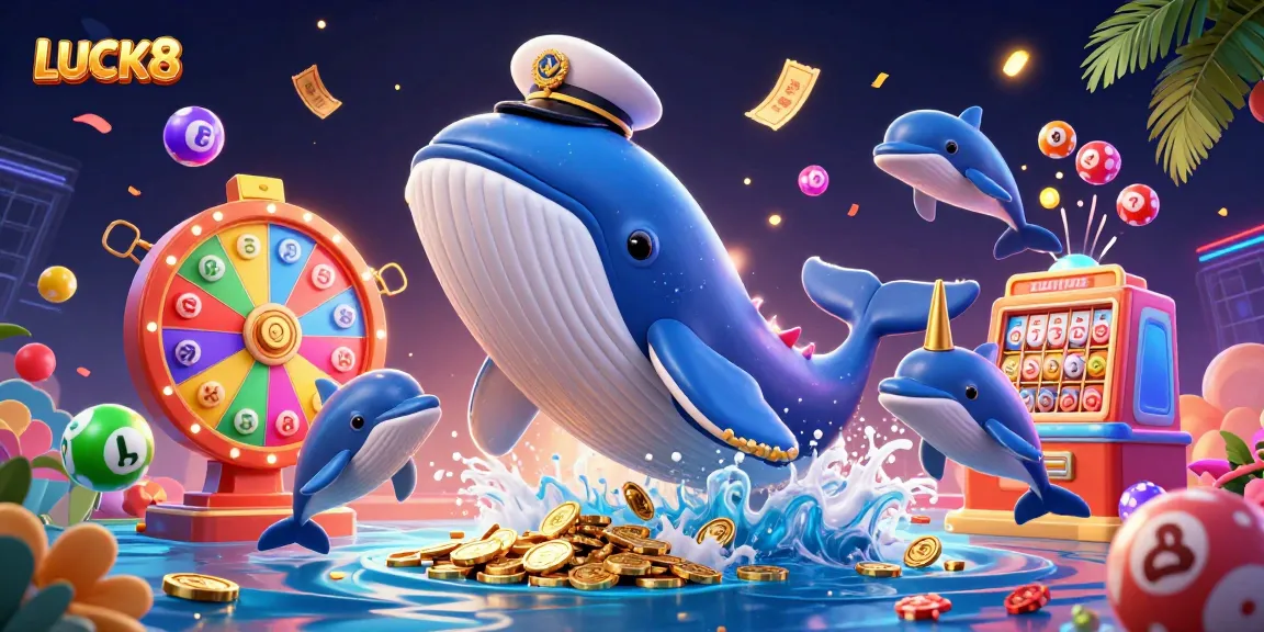 Experience exciting LUCK8 moments with a whale and dolphins in a vibrant casino scene filled with dynamic game elements.