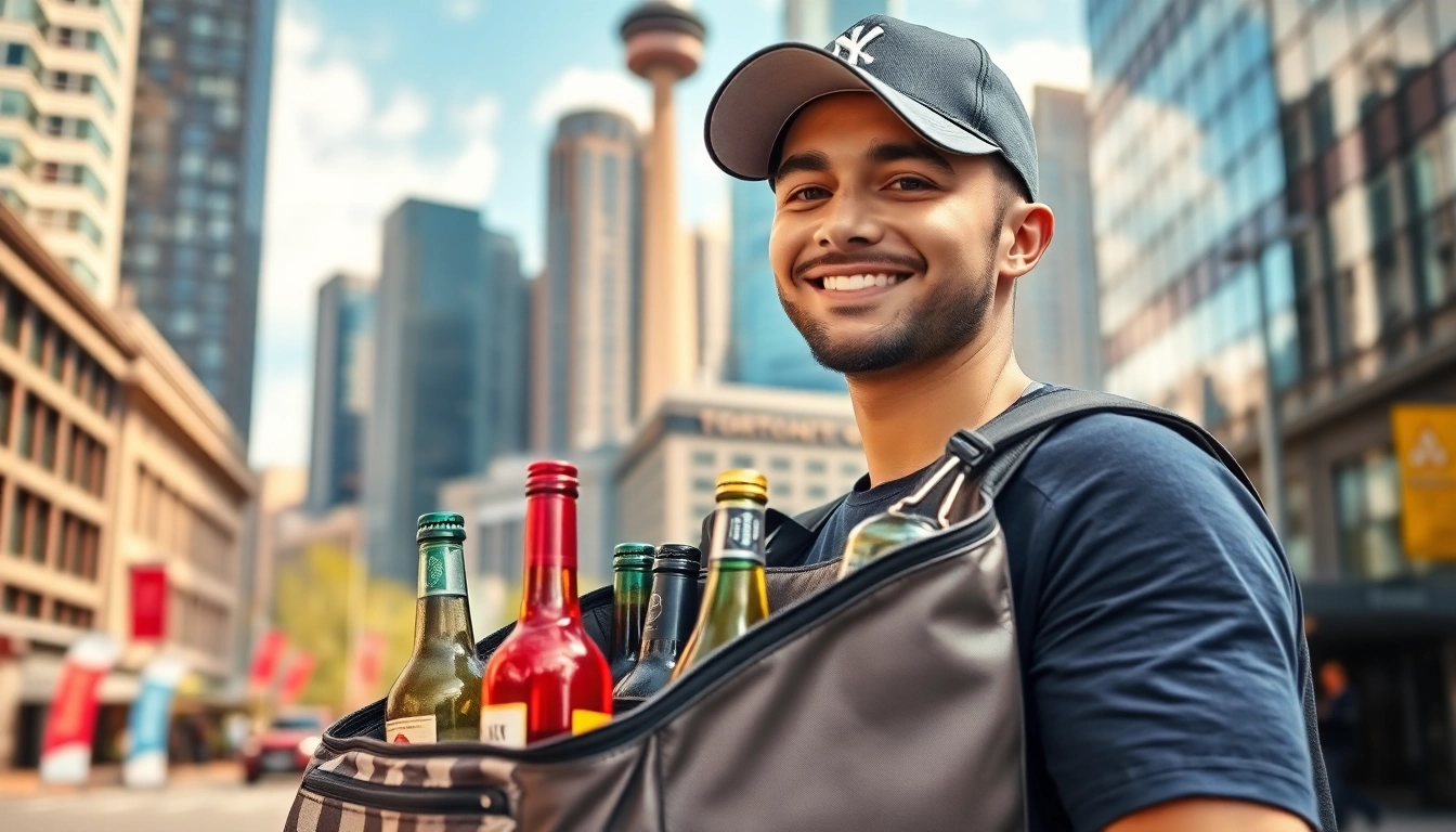 Order alcohol delivery Toronto with a friendly driver showcasing vibrant Toronto skyline.