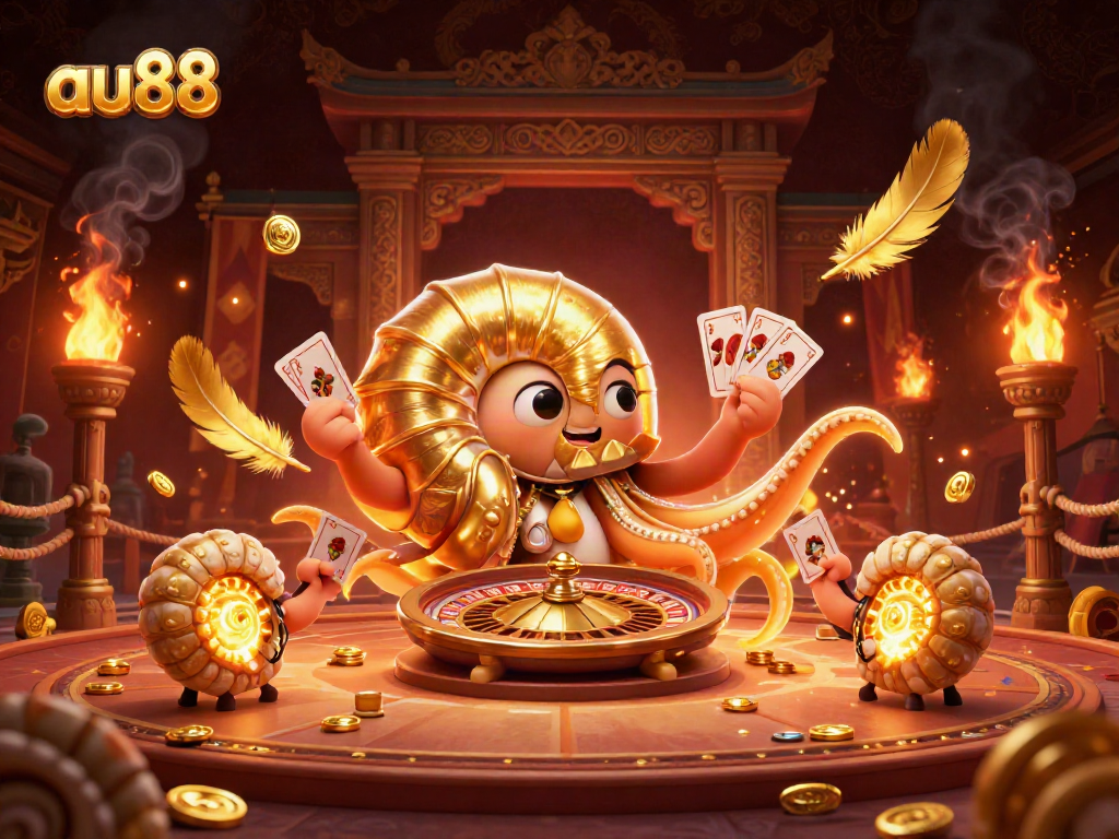 Experience winning at au88 casino with a vibrant, lively scene of an ancient nautilus roulette wheel surrounded by glowing companions.
