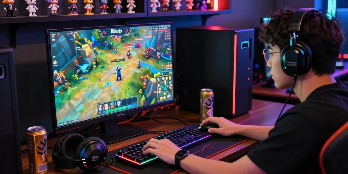 Rikvip online gaming experience with player focused on vibrant screen and gaming setup.