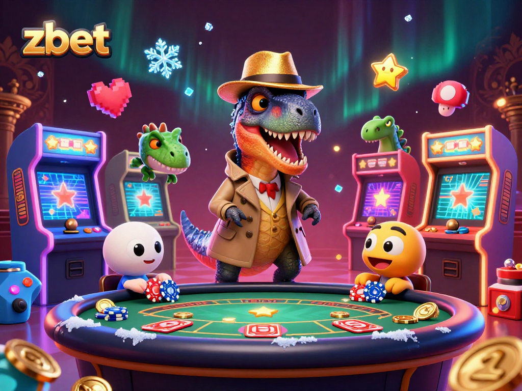 Zbet features a velociraptor card counter at a blackjack table, animated with casino game elements.