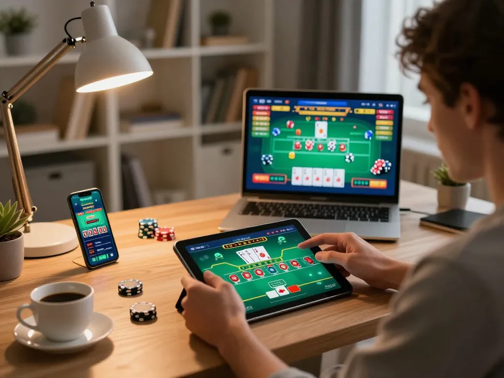Player engaging in Jun88 đăng nhập for a poker game on a tablet in a cozy home office setting.