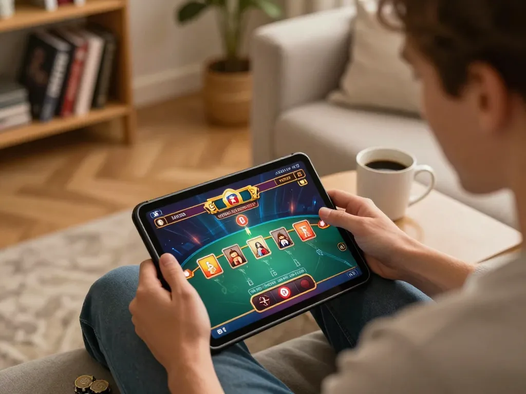 Engaging in a responsible gaming session at home on the mm88star casino app, showcasing poker gameplay.