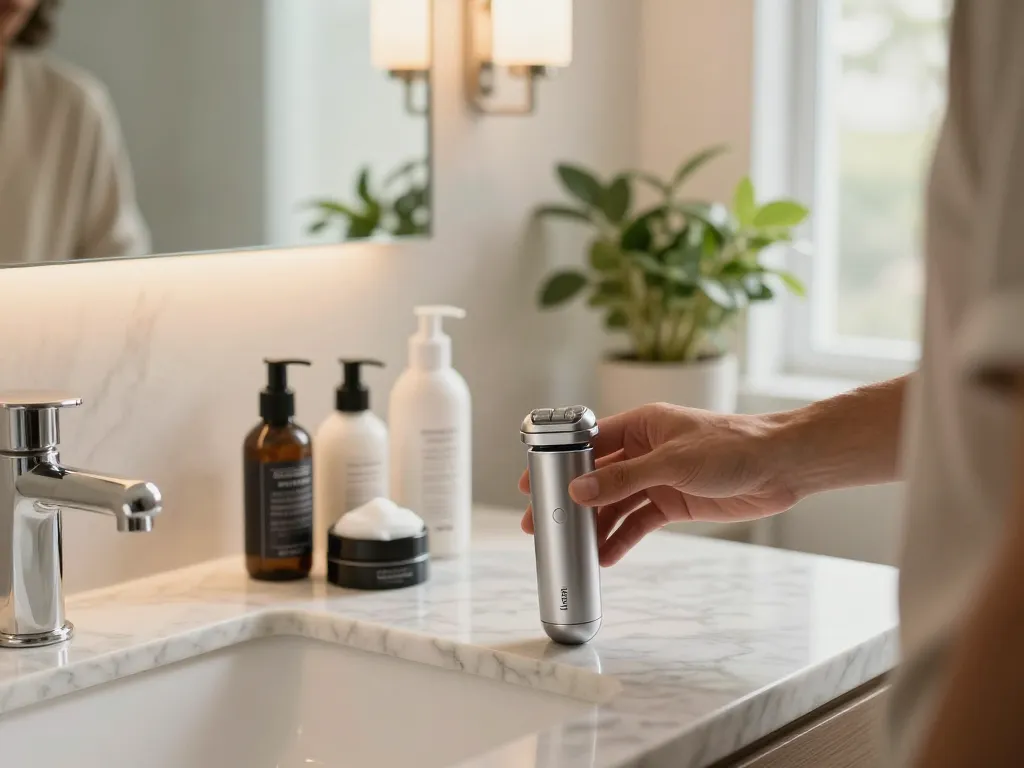 Effortless shaving experience with Laifen shaver in a modern bathroom setup
