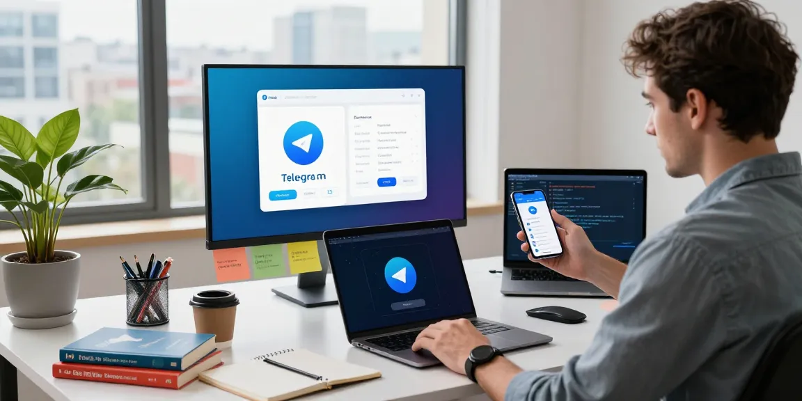Explore Telegram Download on multiple devices in a vibrant tech workspace.