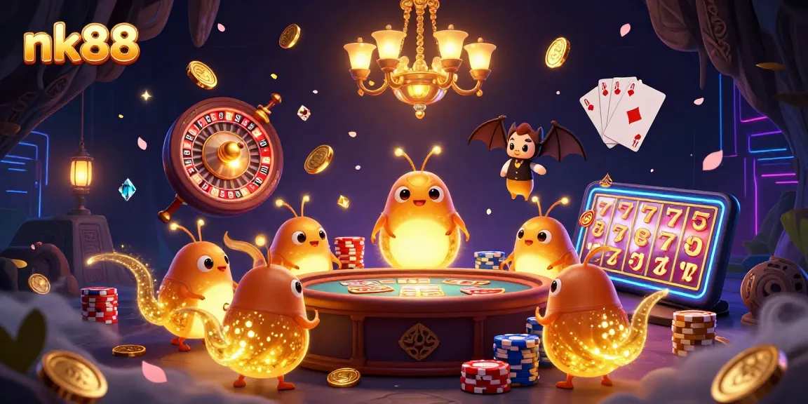 Experience the vibrant nk88 casino with glowworms and a bat dealer amidst dazzling coins and cards.