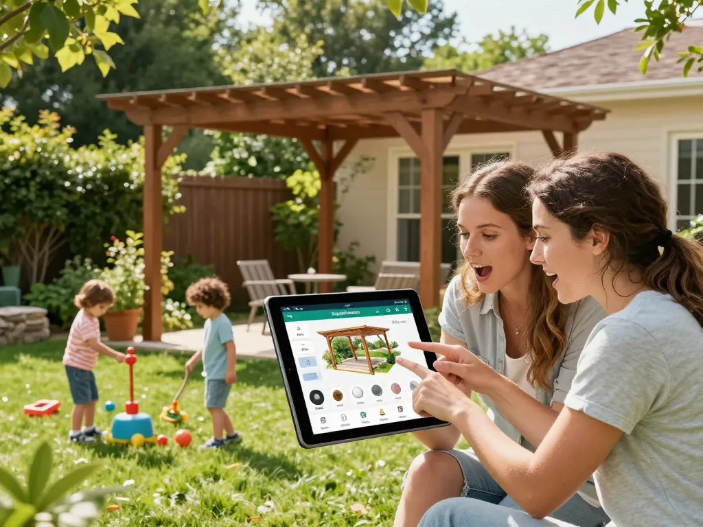 Family enjoying the 3D Pergola Configurator to design a custom pergola in their backyard