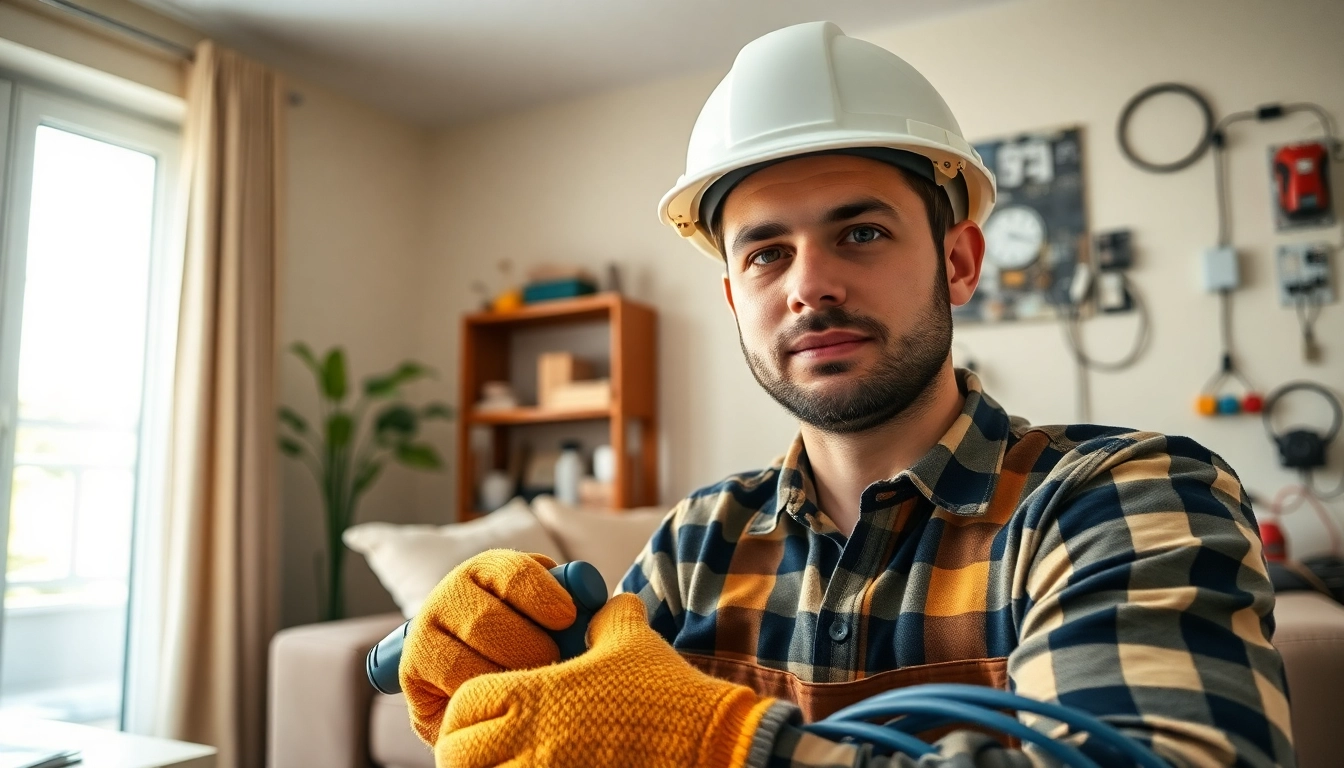 Expert electrician lower north shore demonstrates skills in a bright living room filled with tools.