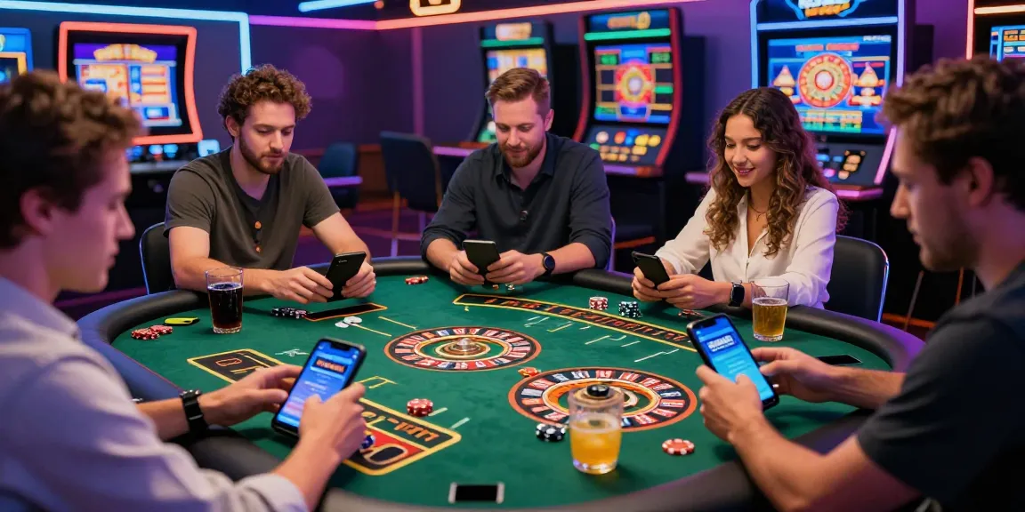 Paysafe Card Casino-Szene mit Spielern, die verschiedene Spiele genießen, mobile Geräte in der Hand, energetische Atmosphäre und digitales Casino-Setup.