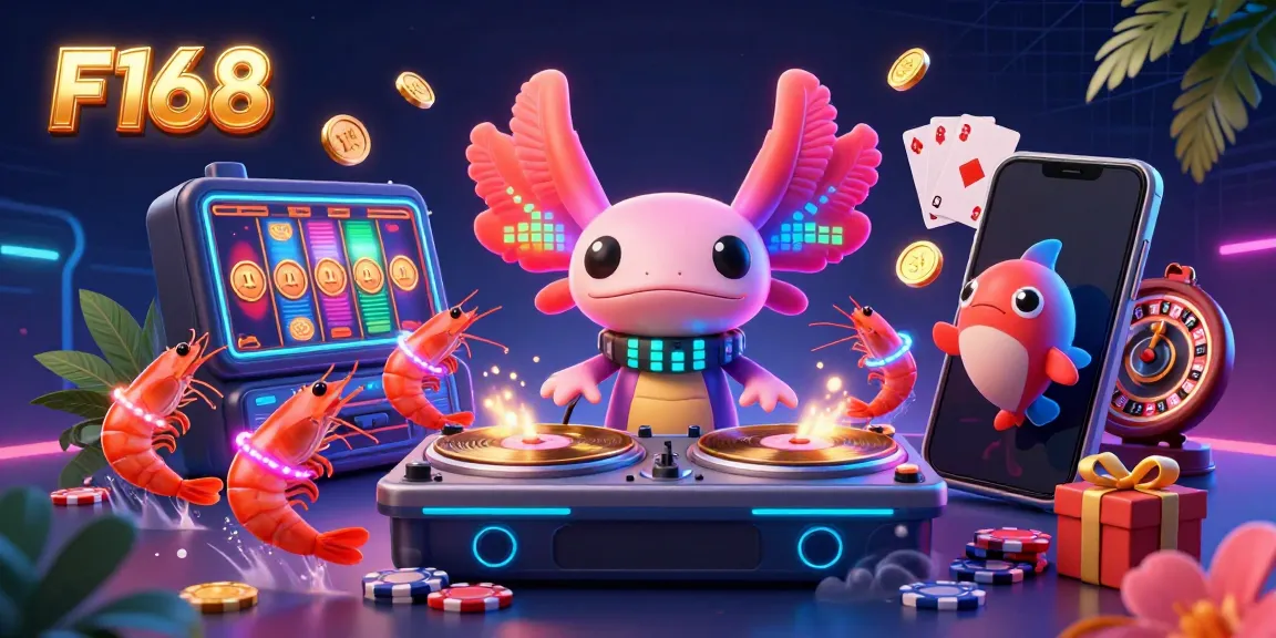 Experience F168's vibrant casino atmosphere with neon characters and dynamic gaming elements.