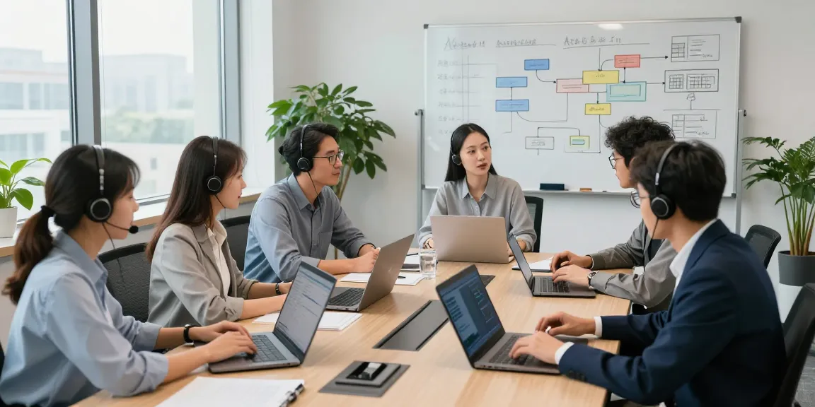 IT support for business team collaborating in a modern office environment with laptops and analytics.