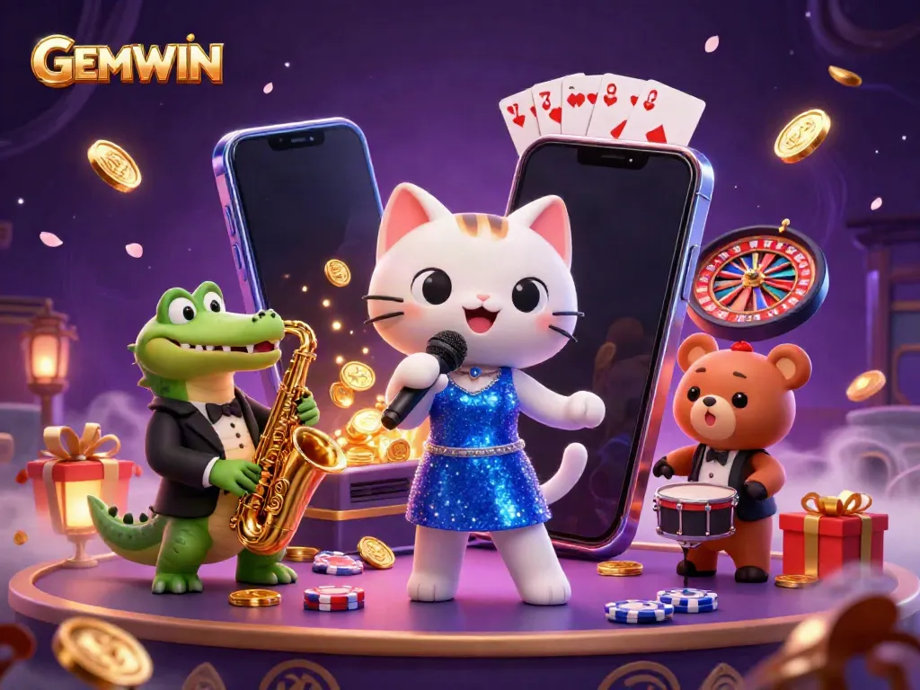 Experience GEMWIN's lively casino scene with a jazzy cat, croc, and bear surrounded by vibrant gaming elements.