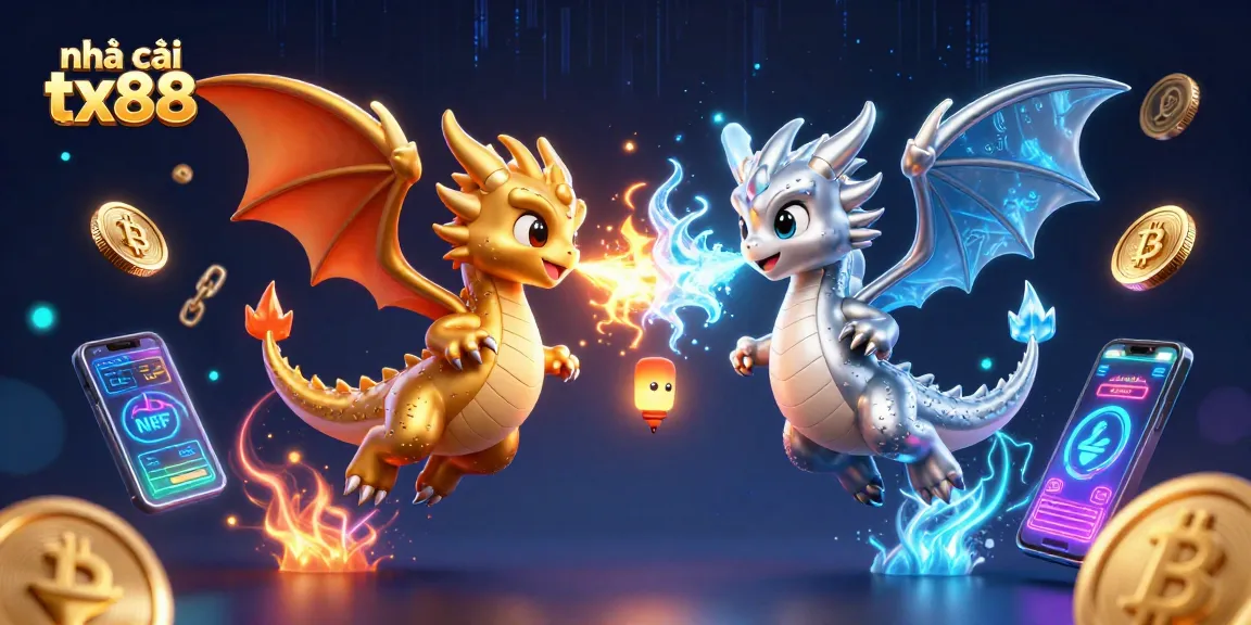 Engage with the dynamic world of nhà cái tx88 through a vibrant 3D illustration featuring dragons, crypto coins, and gaming elements.