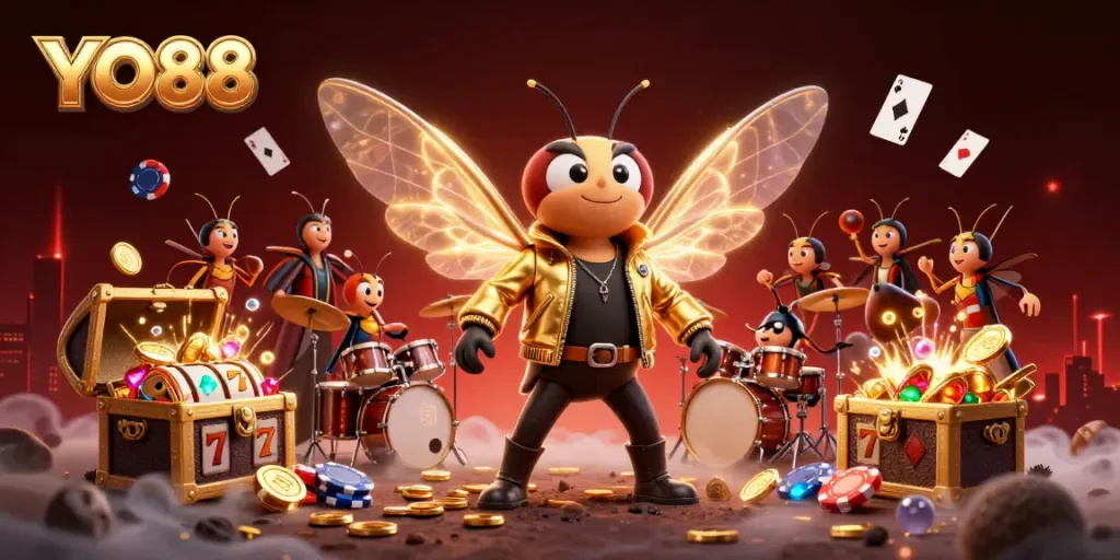 Experience the excitement of YO88 with vibrant 3D characters and casino elements in a dazzling scene.