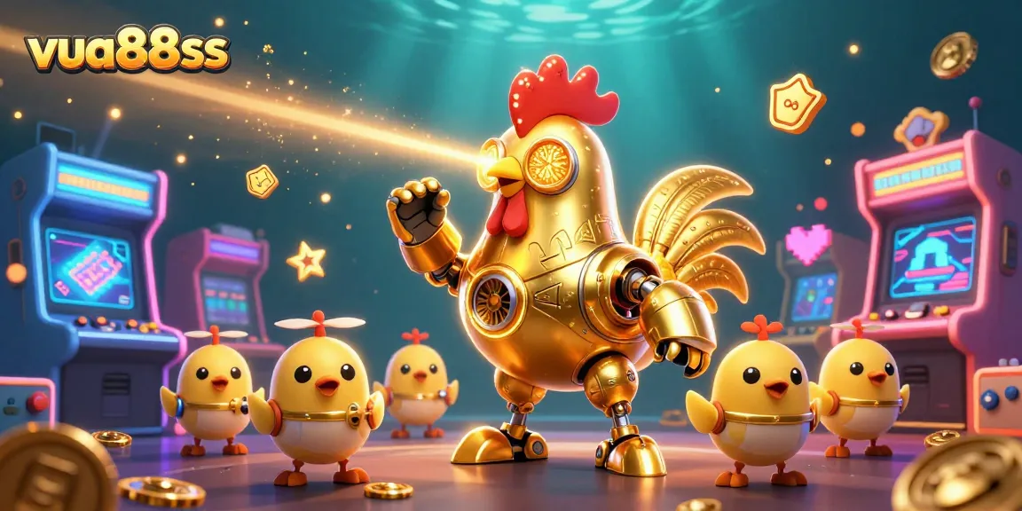 Experience thrilling gaming adventure at vua88sss with a golden robot rooster and chick drones in action!