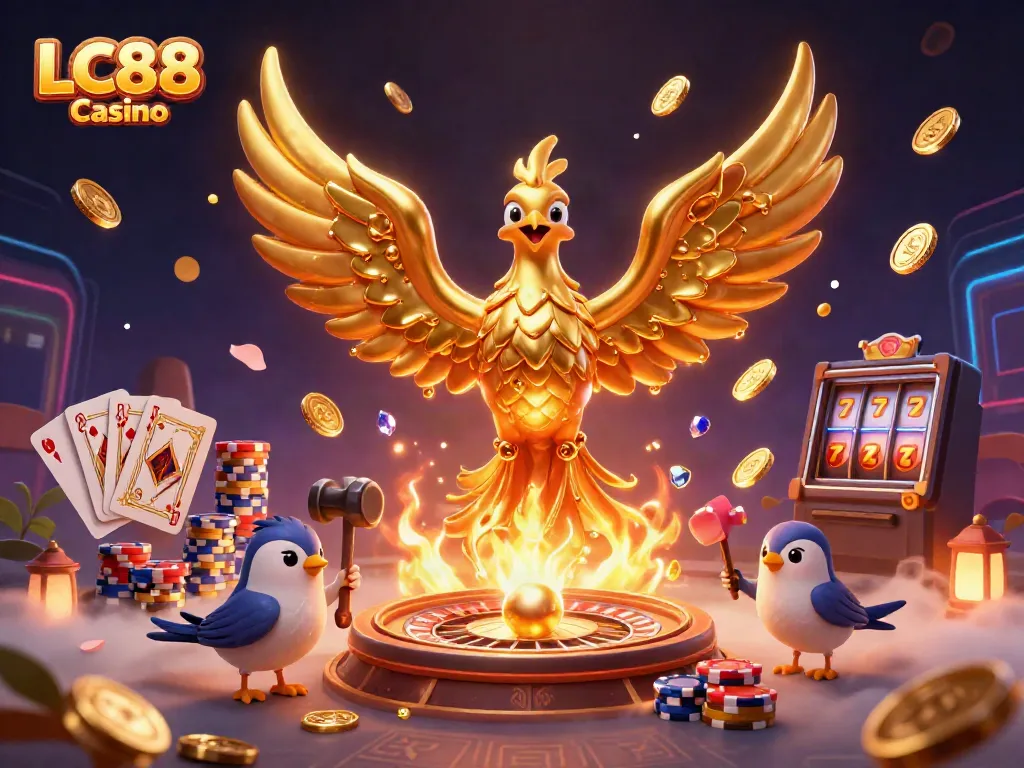 Experience the rich excitement of LC88 Casino with golden phoenix and dynamic game elements.