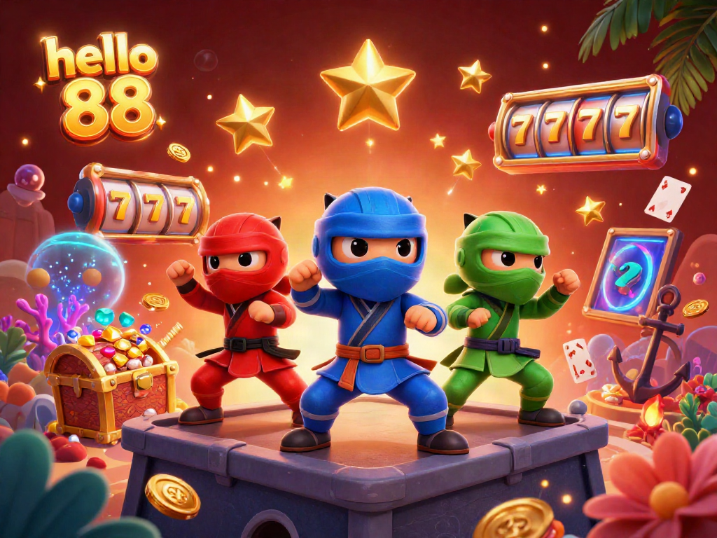 Experience the thrill at hello 88 with vibrant casino elements and dynamic chameleon ninjas!