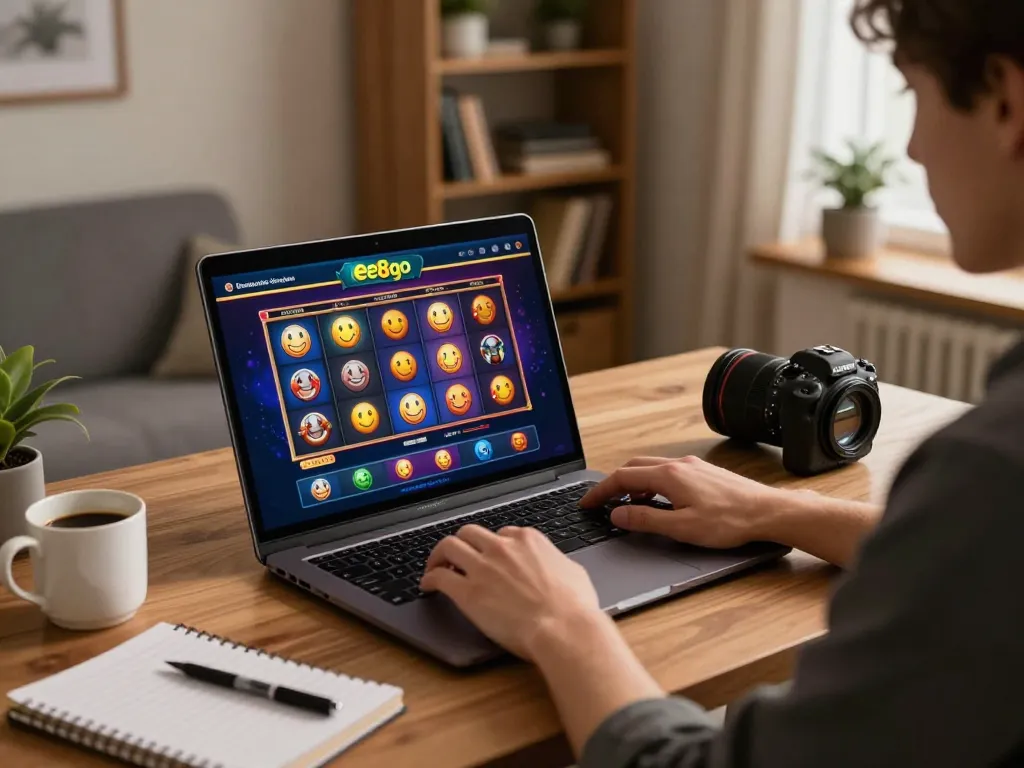 Engaging with ee88go online casino platform, featuring colorful slot game on laptop, coffee cup nearby