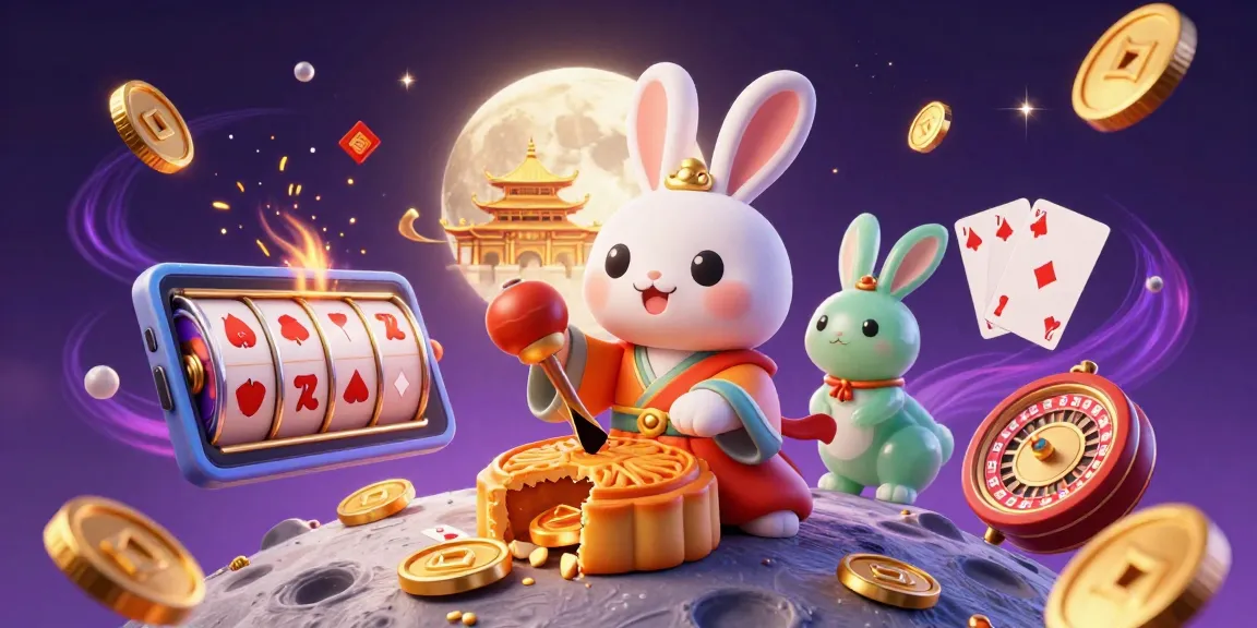 Engage with HITCLUB's thrilling gaming universe as the moon rabbit reveals poker chips amidst a vibrant casino scene.
