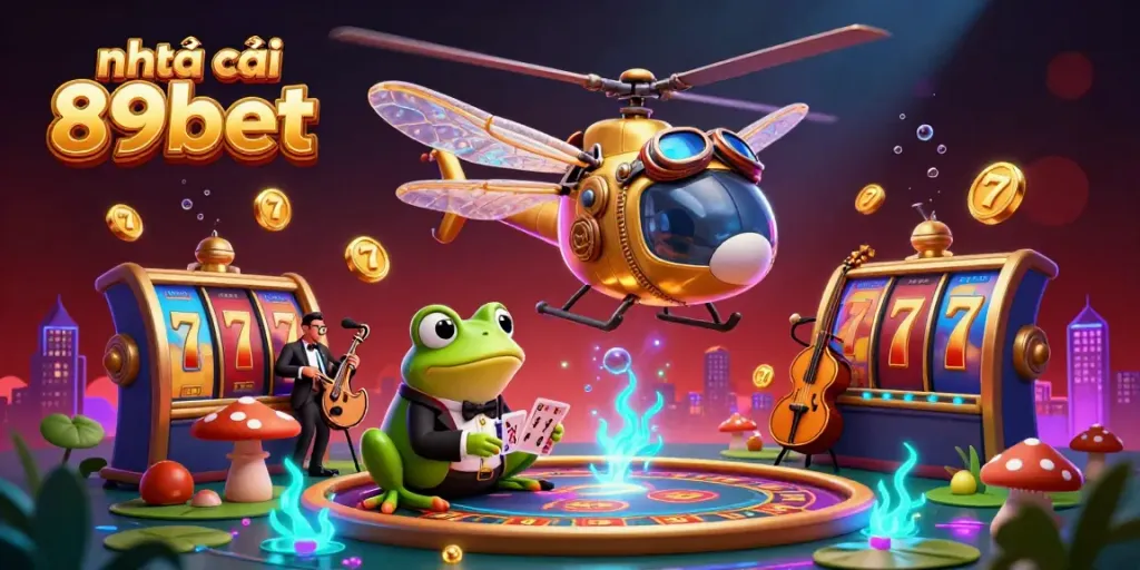 Experience thrilling online gaming with nhà cái 89bet in this vibrant 3D casino scene featuring a dragonfly pilot and frog croupier.