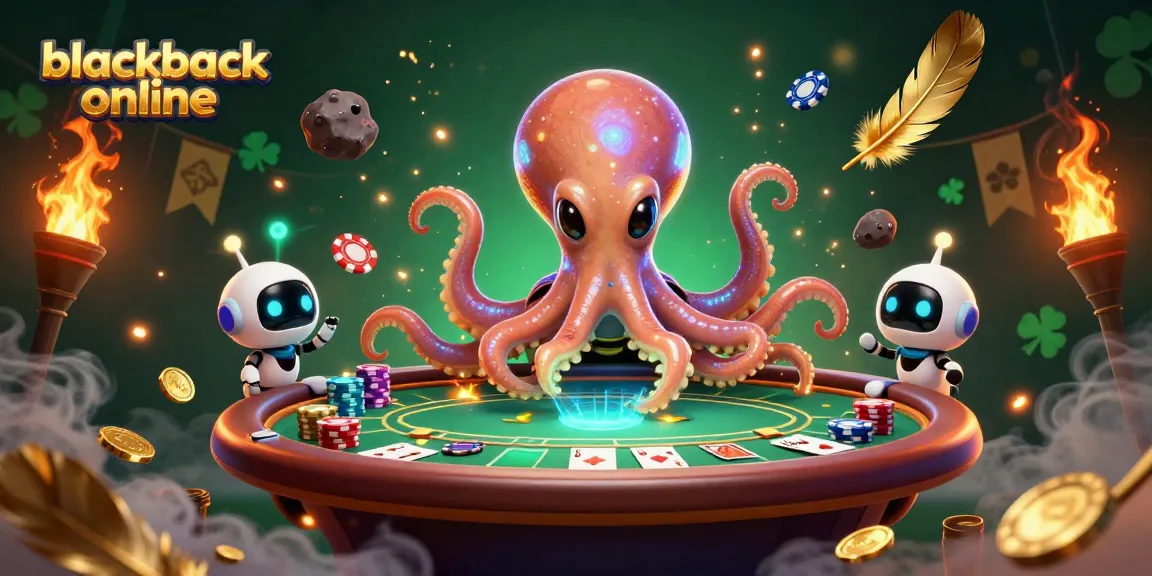 Experience blackjack online with a vibrant 3D alien octopus at a poker table surrounded by glowing coins.