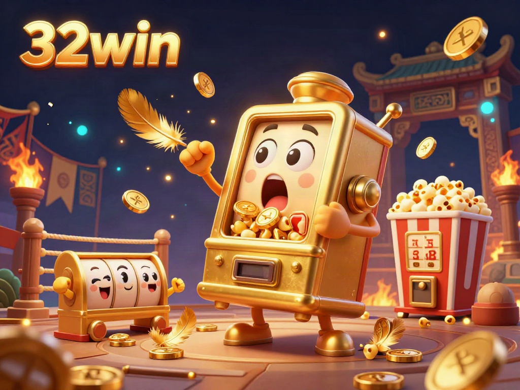 Experience the excitement of 32win with a lively scene of a golden slot machine celebrating a jackpot!