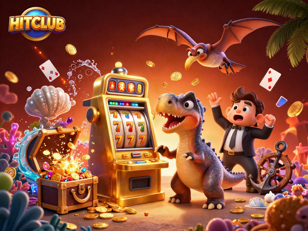 Engaging HITCLUB scene with dinosaurs celebrating a jackpot at a vibrant casino-themed illustration.