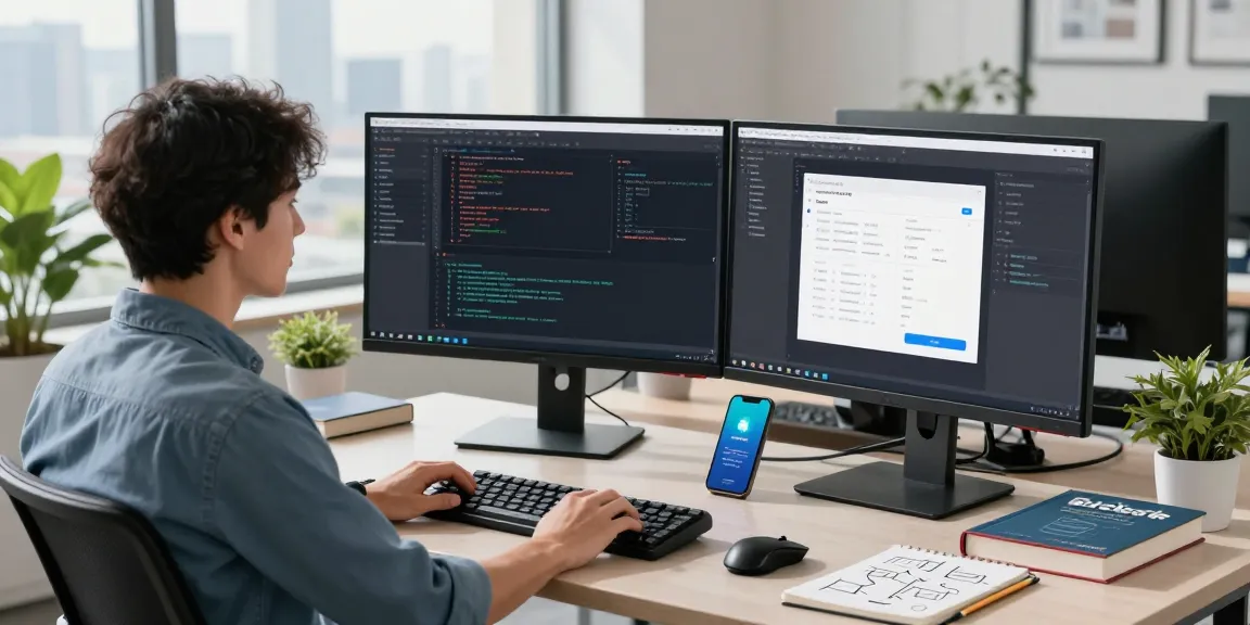 Workspace scene with a developer using Telegram下载 on dual monitors in a modern office.