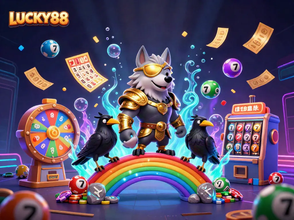 Experience the fun of LUCKY88 in this vibrant illustration with dynamic casino elements.